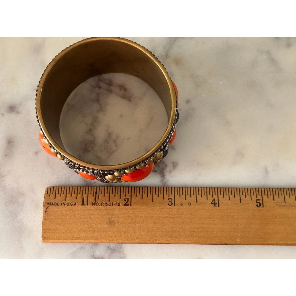 Vintage Boho Wide Cuff Bangle Bracelet Orange Cabochon Brass Tone Studded Ethnic